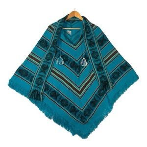 Vintage Tejidos Diaz Poncho One-Size Turquoise Boho Fringe Made in Ecuador